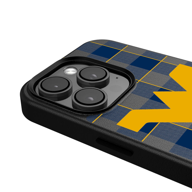 West Virginia University Mountaineers Plaid iPhone MagSafe Compatible Phone Case Detail.Jpg