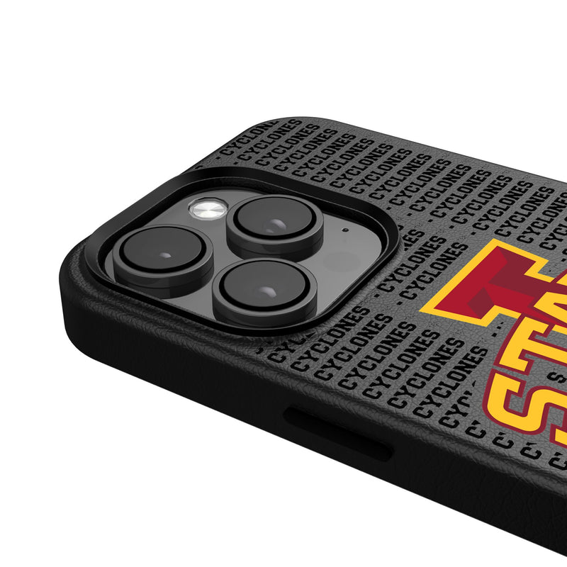 Iowa State University Cyclones Text Backdrop iPhone MagSafe Compatible Phone Case Detail.Jpg