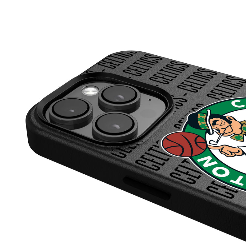 Boston Celtics Text Backdrop iPhone MagSafe Compatible Phone Case Detail.Jpg