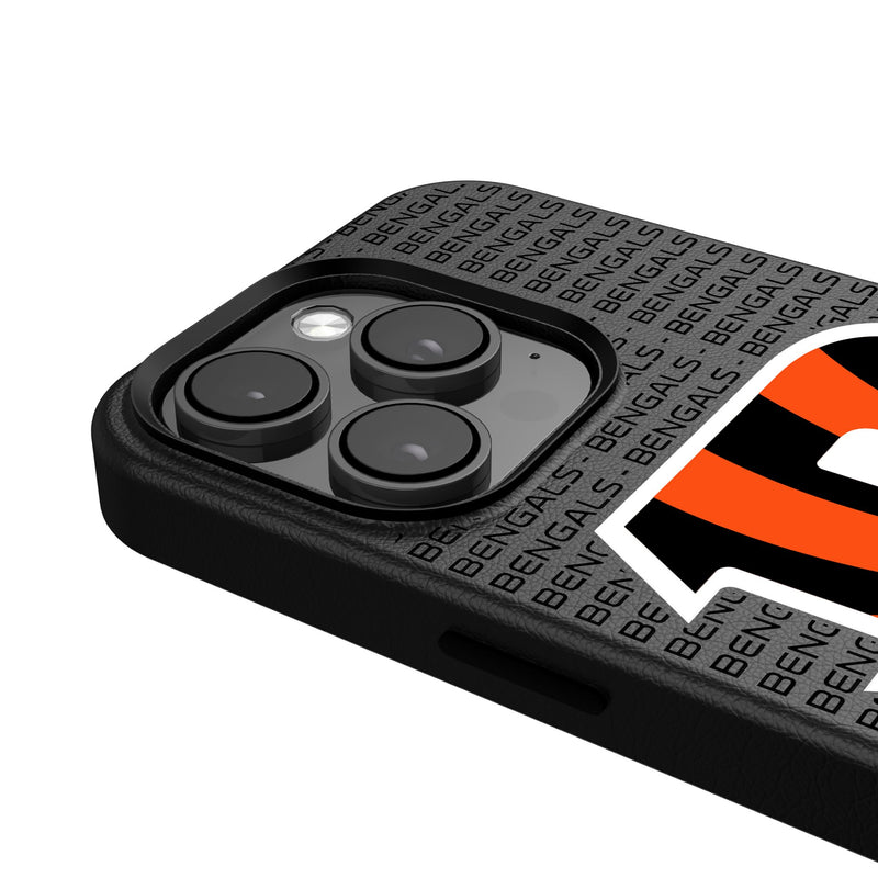 Cincinnati Bengals Text Backdrop iPhone MagSafe Compatible Phone Case Detail.Jpg