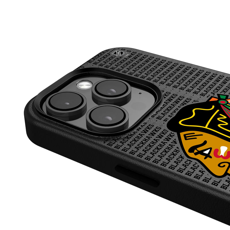 Chicago Blackhawks Text Backdrop iPhone MagSafe Compatible Phone Case Detail.Jpg