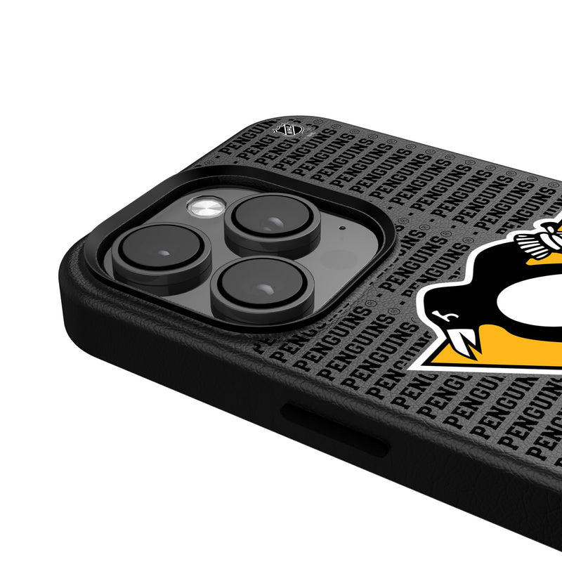 Pittsburgh Penguins Text Backdrop iPhone MagSafe Compatible Phone Case Detail.Jpg