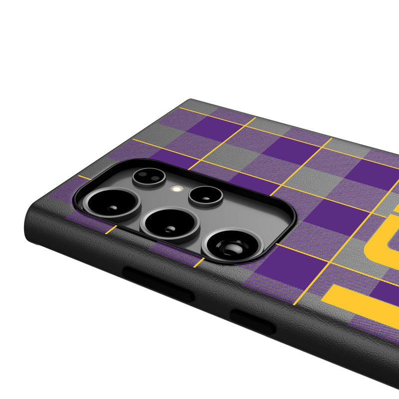 Louisiana State University Tigers Plaid Galaxy MagSafe Compatible Phone Case Detail.Jpg