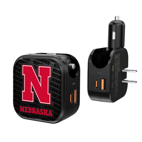 University of Nebraska Huskers Block N Text Backdrop 2 in 1 USB A/C Charger