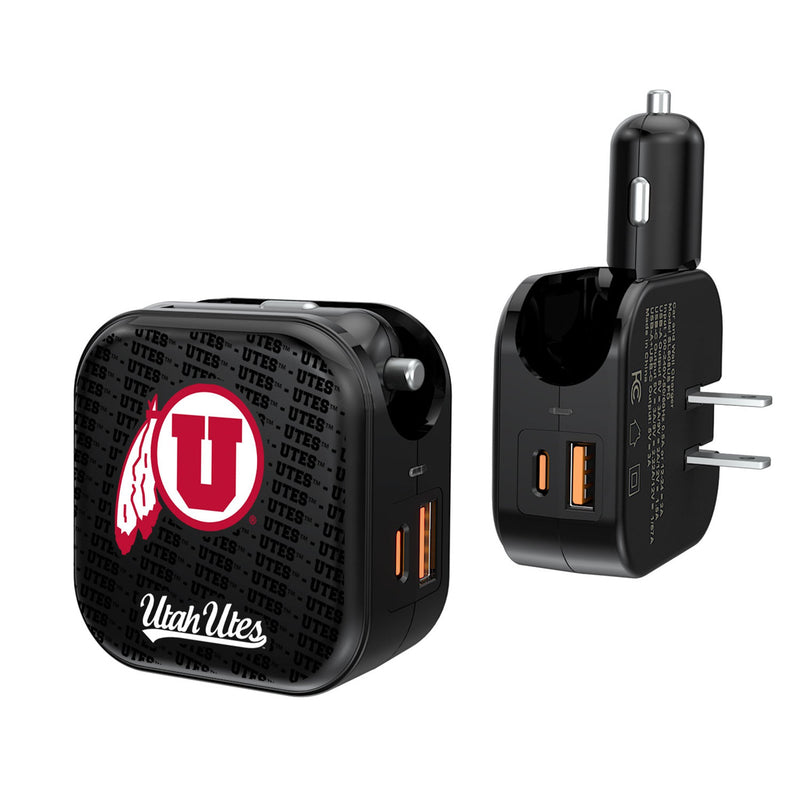 University of Utah Utes Text Backdrop 2 in 1 USB A/C Charger