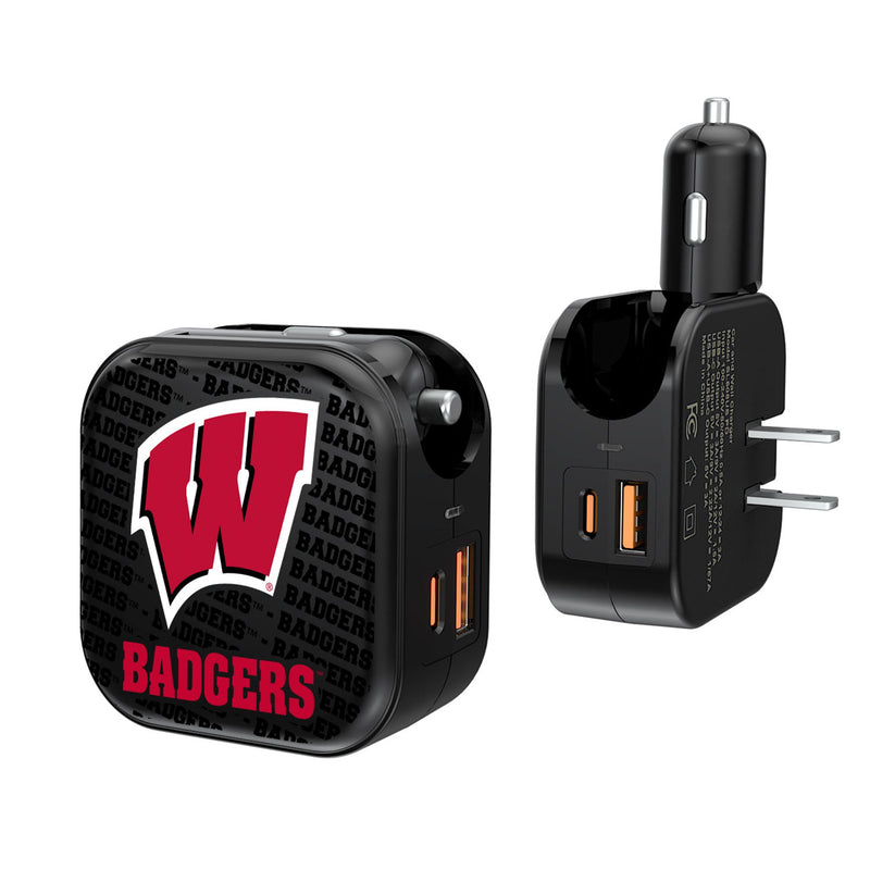 University of Wisconsin Badgers Text Backdrop 2 in 1 USB A/C Charger