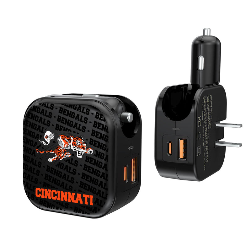 Cincinnati Bengals Historic Collection Text Backdrop 2 in 1 USB A/C Charger